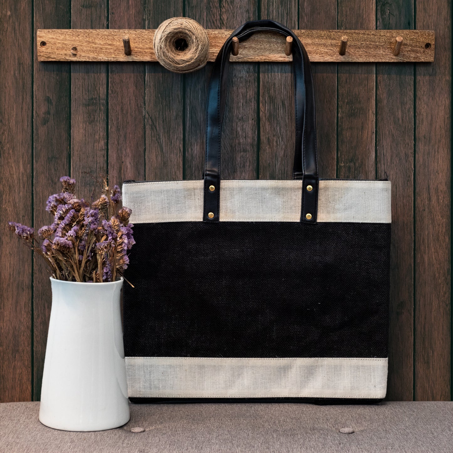 Wide Black Off White Jute Bag