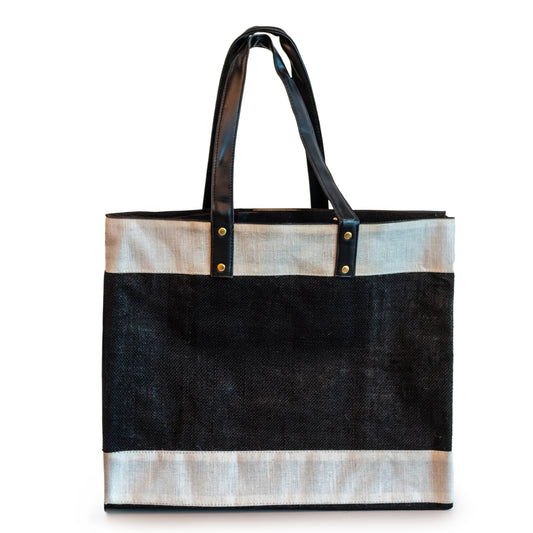 Wide Black Off White Jute Bag