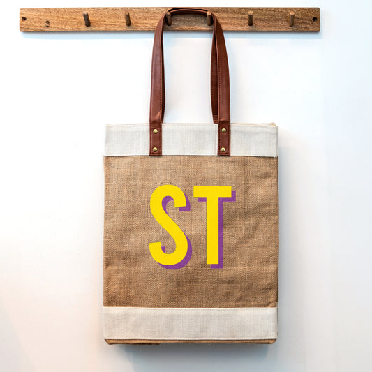 Big Initials Tote Book Bag - Natural Jute